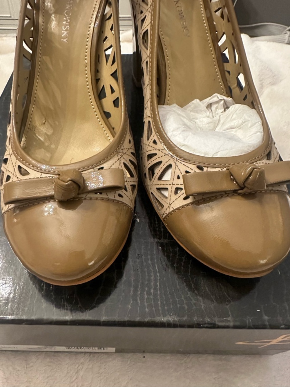 b. makowsky Taupe Laser-Cut Block Heel Pumps with Bow - Picture 2 of 4